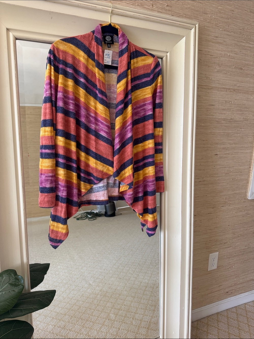 bobeau Striped Open-Front Cardigan in Pink, Yellow, Navy